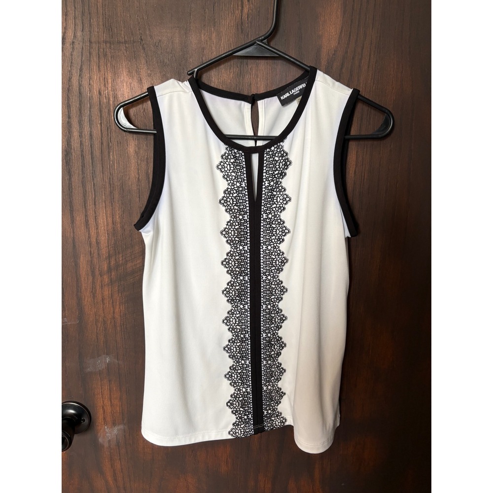 Karl Lagerfeld Paris Women White Black Lace Trim Sleeveless Blouse PS